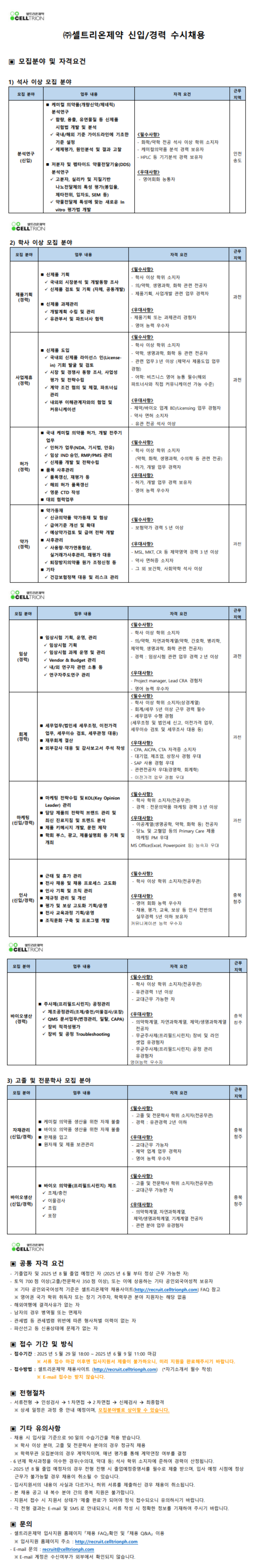 [셀트리온제약] 신입/경력 수시채용