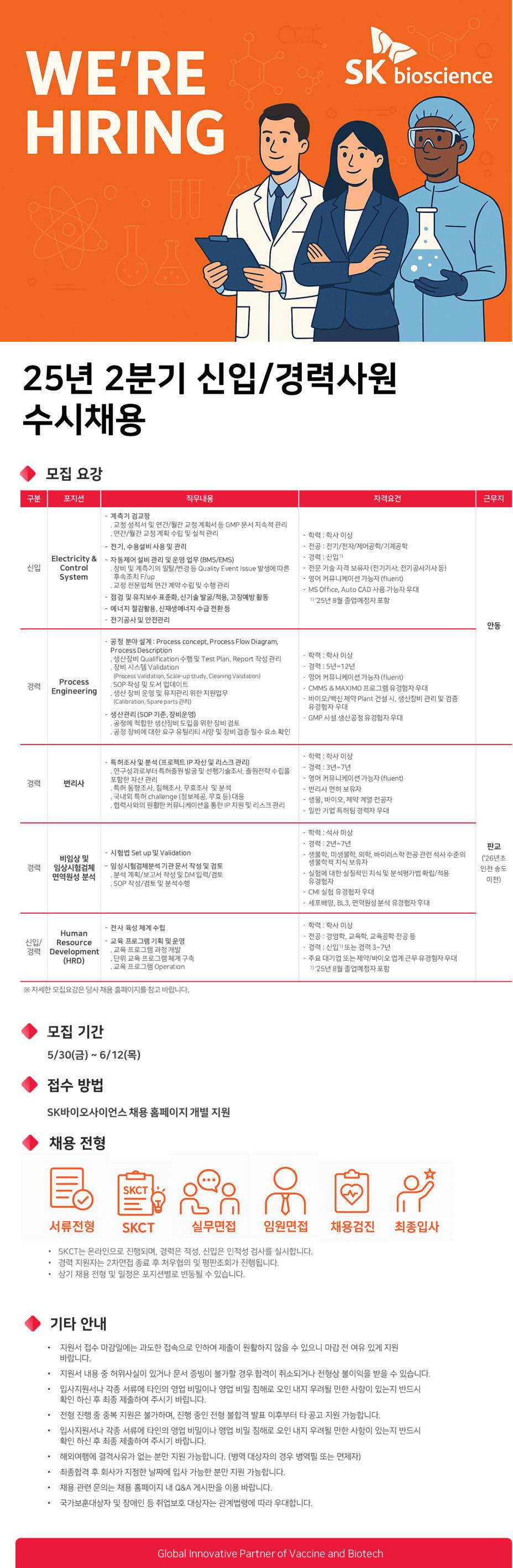 [SK바이오사이언스] 25년 2분기 분야별 신입/경력 채용