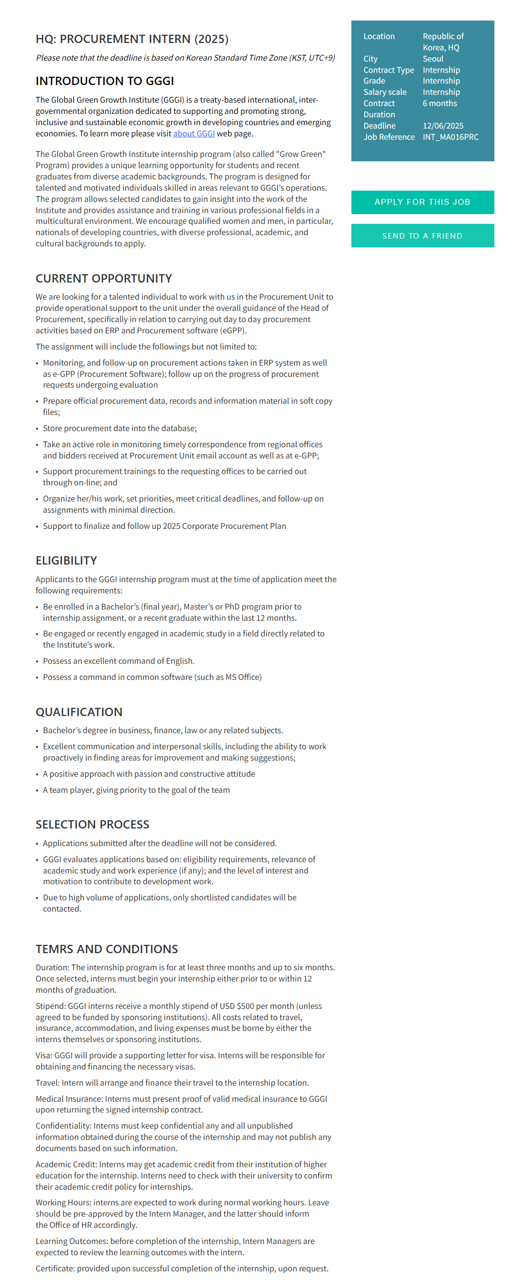 [글로벌녹색성장기구] HQ: PROCUREMENT INTERN (2025)