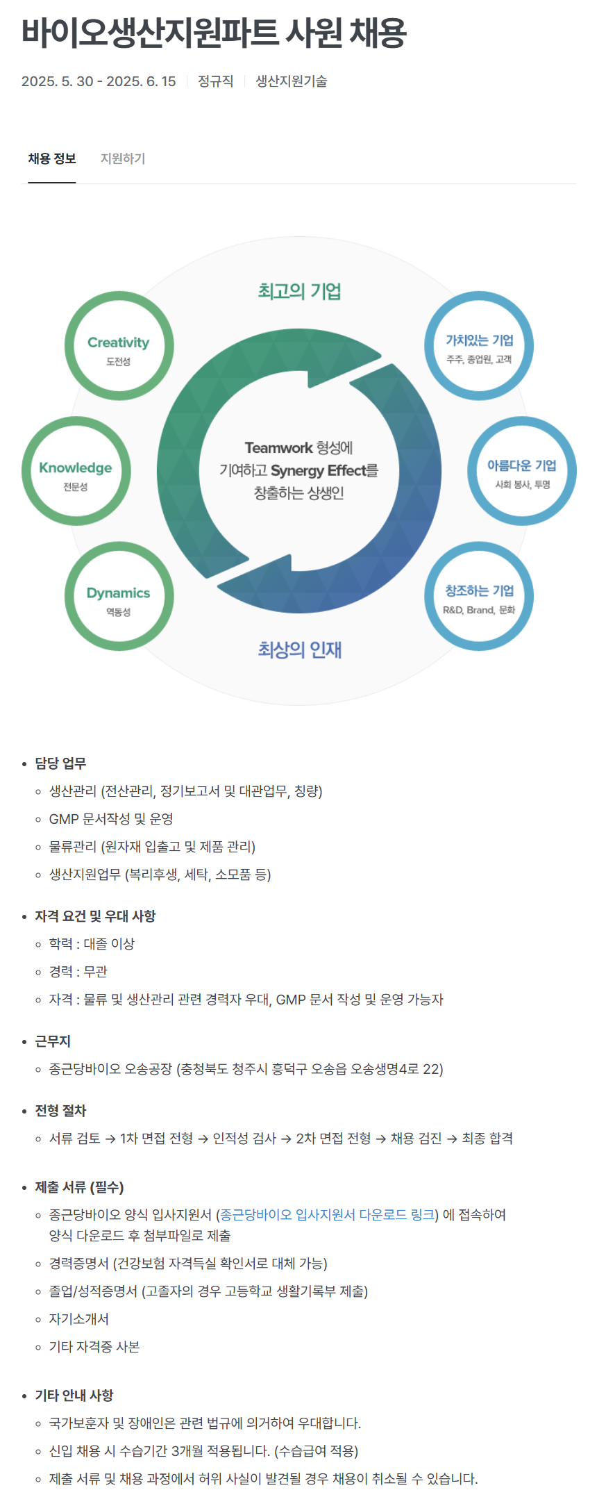[종근당바이오] 바이오생산지원파트 사원 채용 (~06/15)
