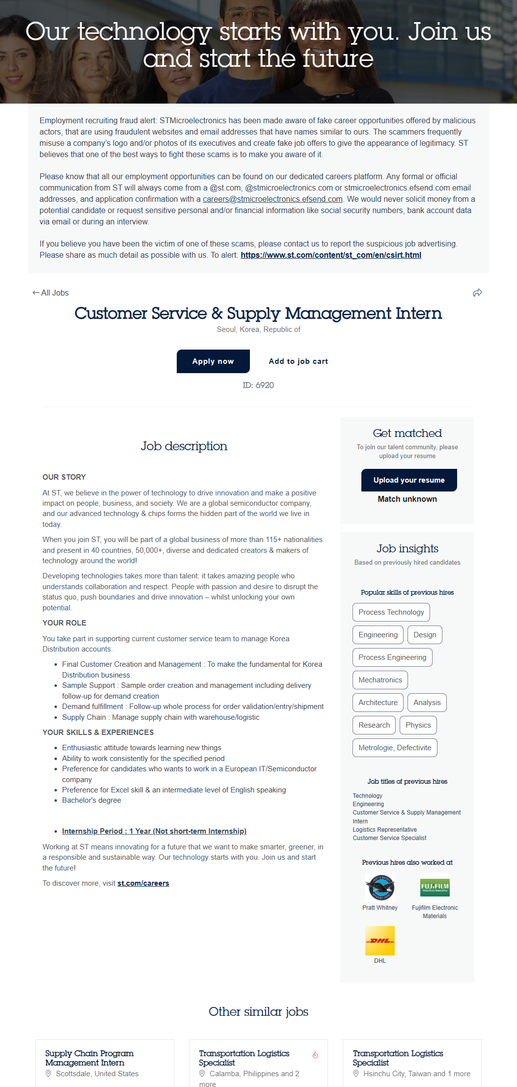 [ST마이크로일렉트로닉스] Customer Service & Supply Management Intern