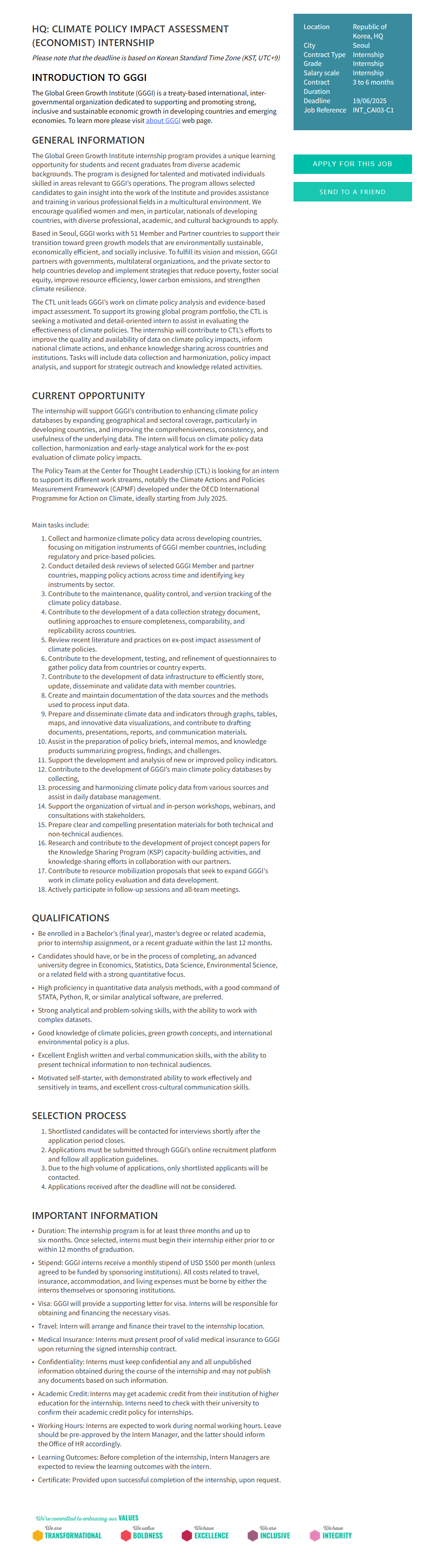 [글로벌녹색성장기구] HQ: CLIMATE POLICY IMPACT ASSESSMENT (ECONOMIST) INTERNSHIP