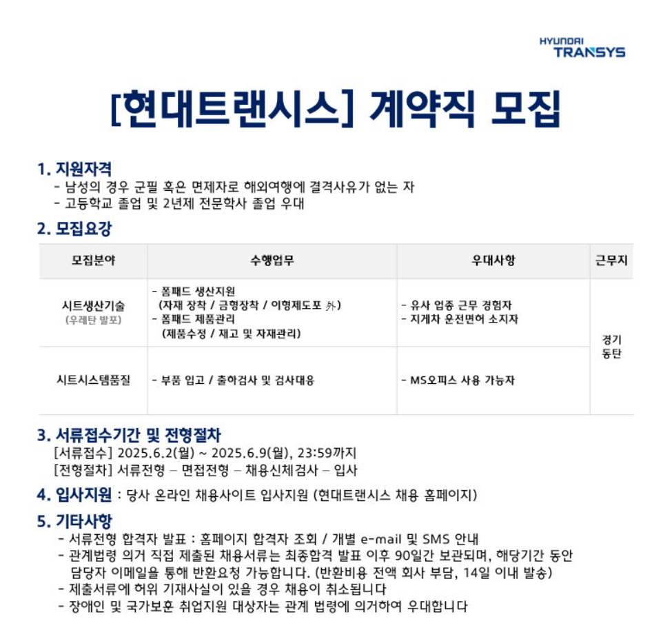 [현대트랜시스] 시트부문(생산기술, 품질) 계약직 채용 (~06/09)