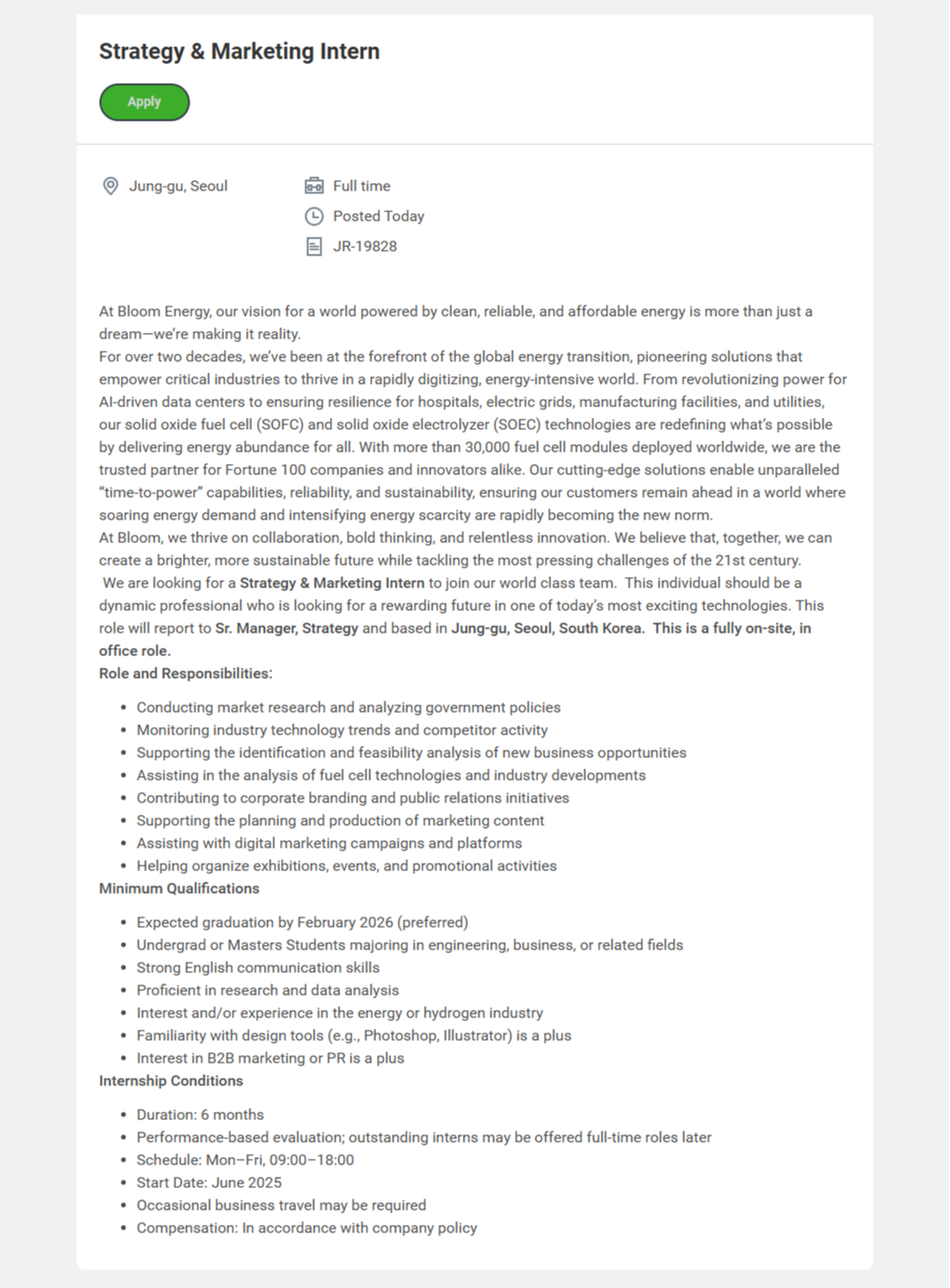 [블룸에너지코리아] Strategy & Marketing Intern