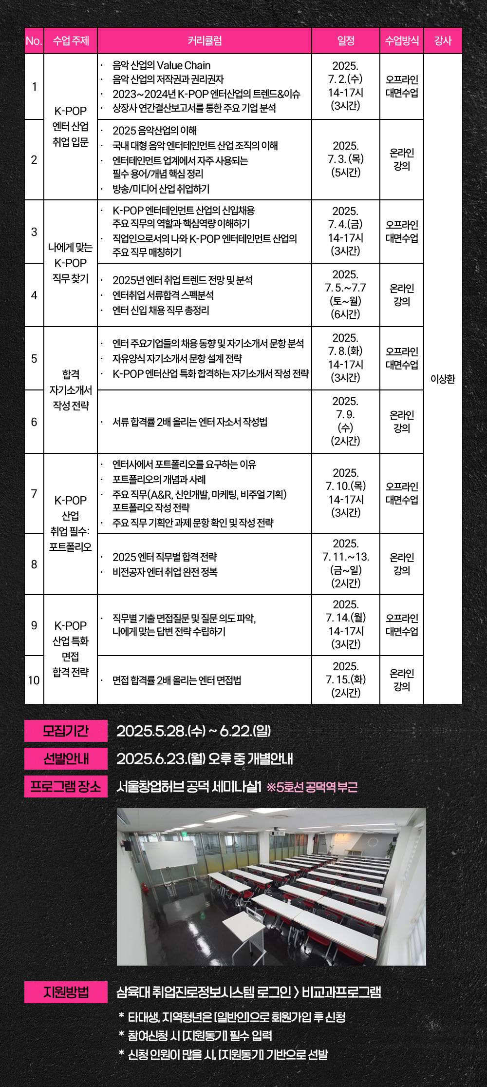 [전액무료] 삼육대학교 대학일자리플러스센터와 함께하는 엔터테인먼트(K-POP) 산업 특화 직무 교육