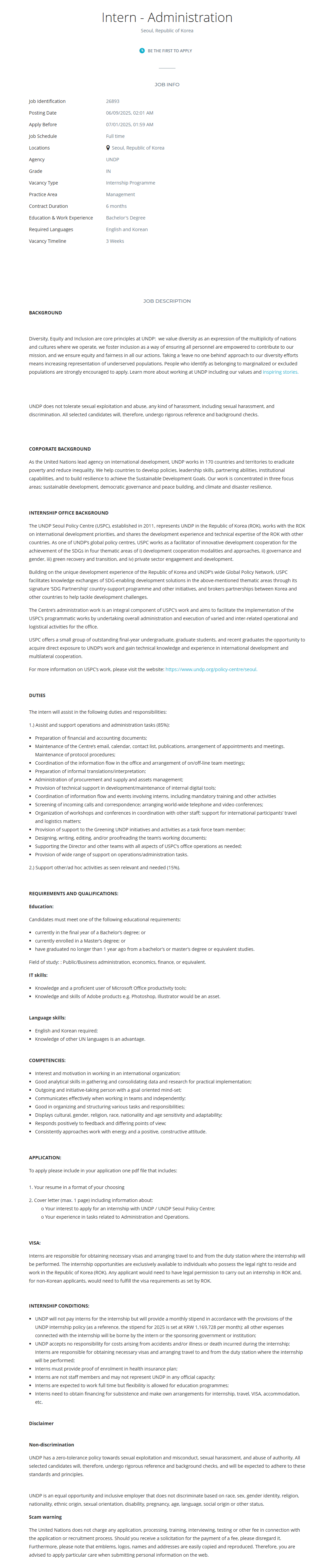 [UNDP] Intern - Administration