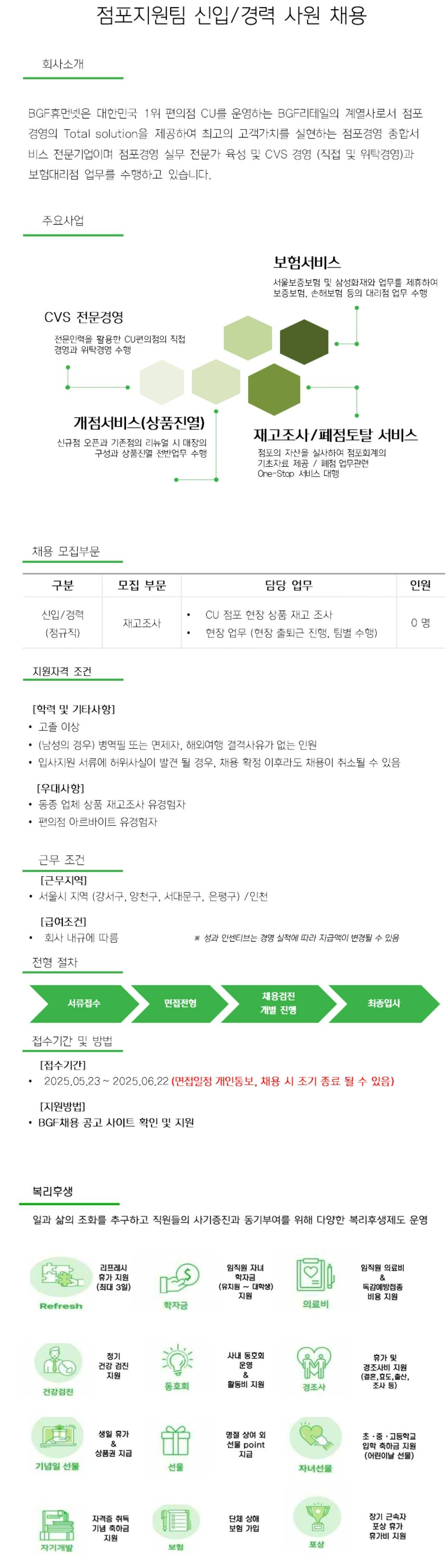 [BGF휴먼넷] 점포지원팀 재고조사파트(현장직) 신입/경력 사원 채용