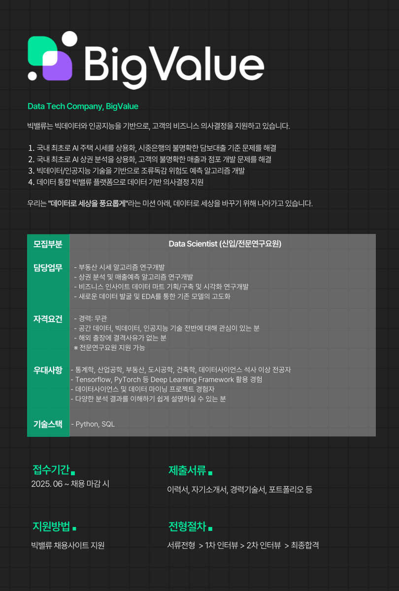[빅밸류] [데이터서비스본부] Data Scientist(신입/전문연구요원)
