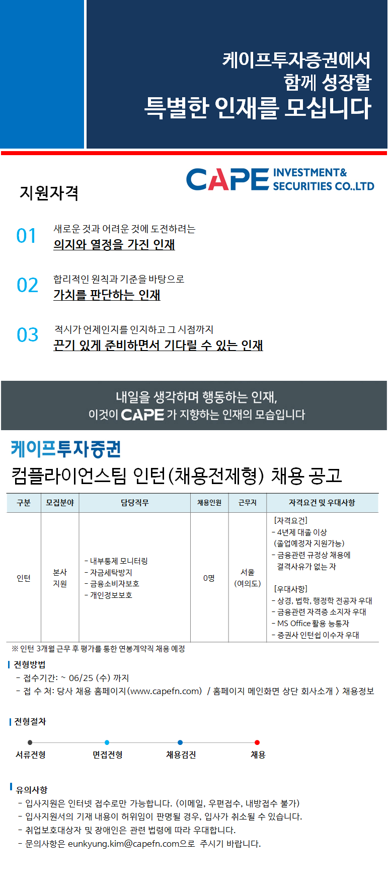 [케이프투자증권] 컴플라이언스팀 채용전제형 인턴 채용 공고