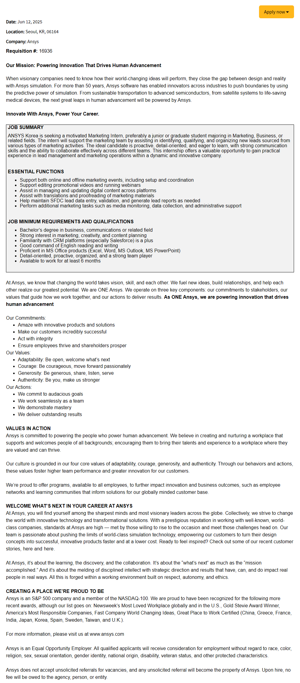 [ANSYS KOREA] Marketing Intern