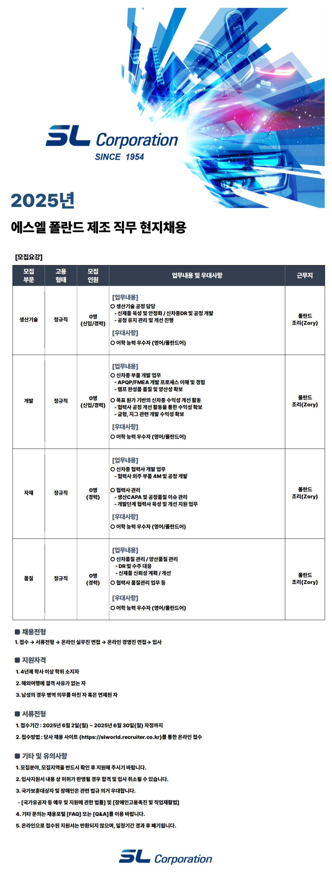 [에스엘] [폴란드] 제조직무 (품질/자재/생산기술/개발) 현지 채용