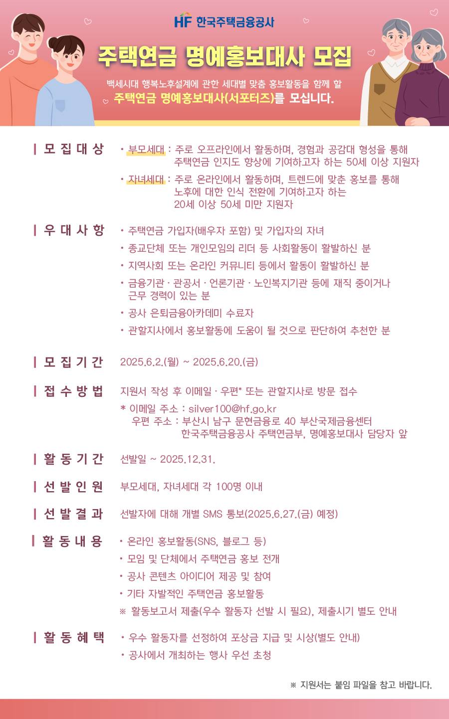 2025년 주택연금 명예홍보대사(서포터즈) 모집