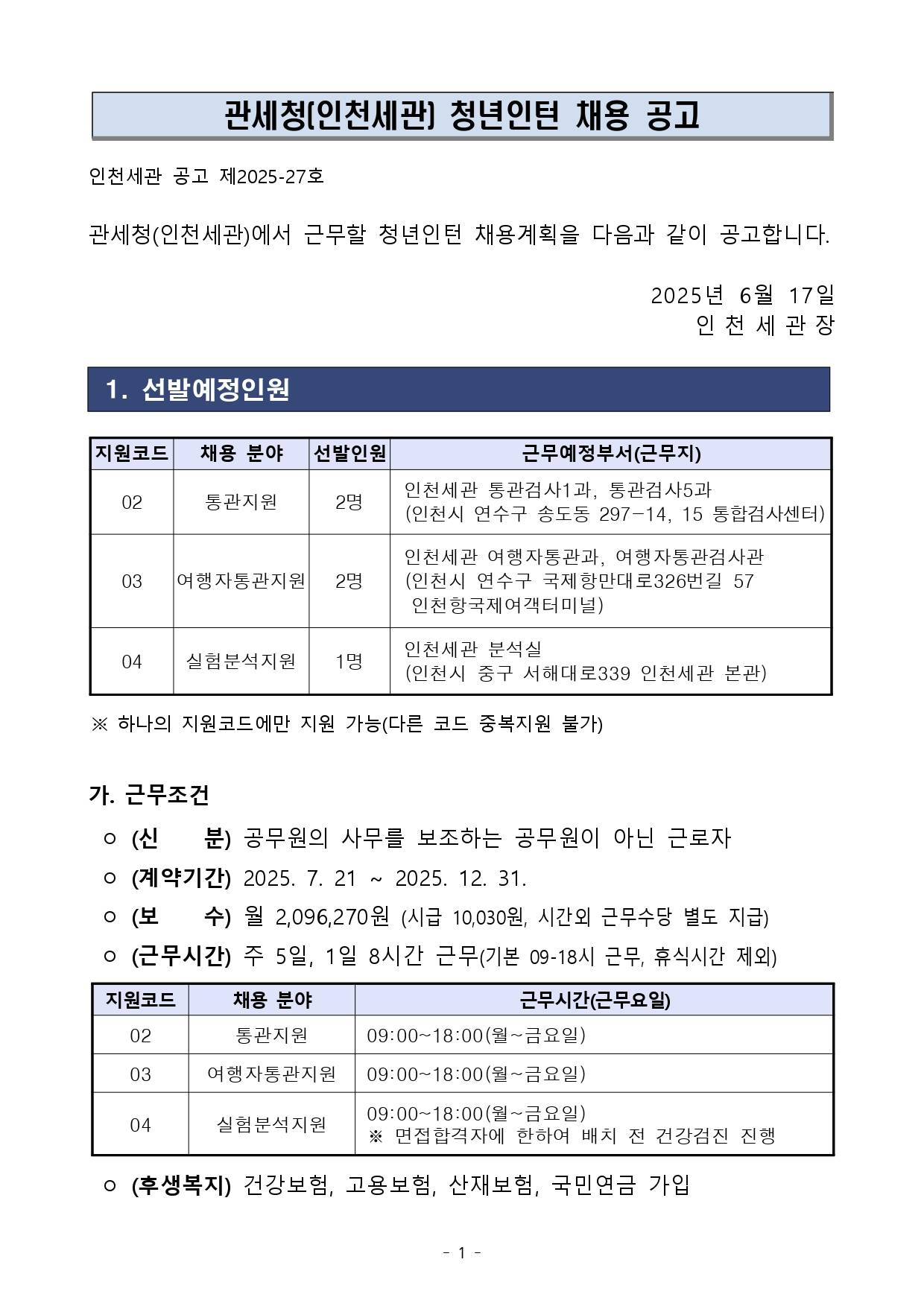 [관세청] 2025년도 인천세관 청년인턴 채용 공고