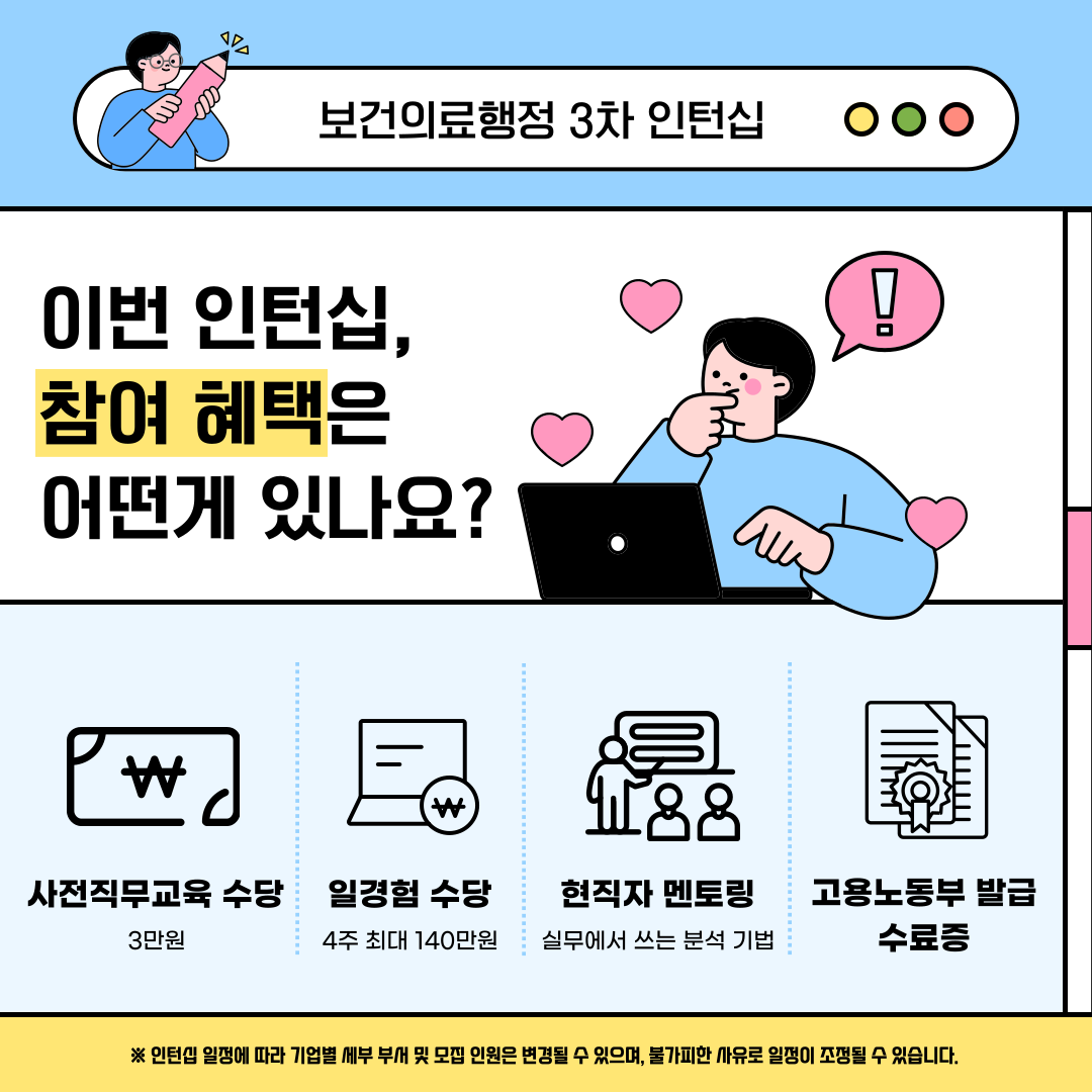 [고용노동부] [미래내일일경험] 2025 보건의료행정 3차 인턴 모집(~6/24 까지)