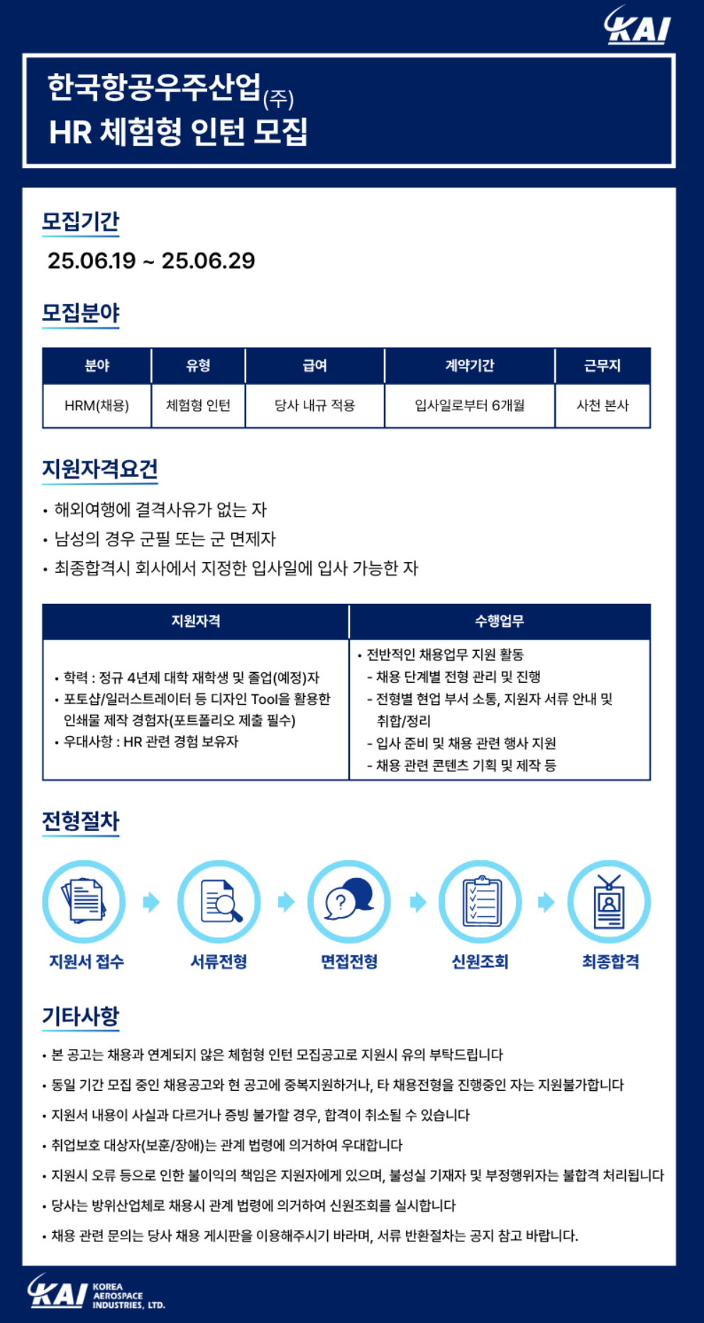 [한국항공우주산업] HR 체험형 인턴 채용 (~6/29(일))