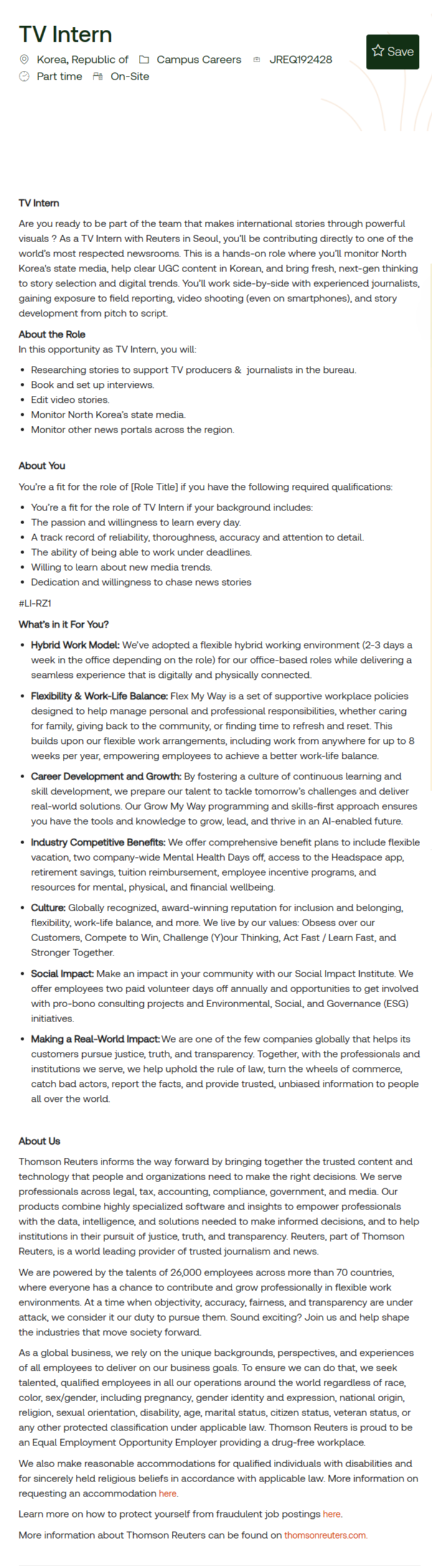 [톰슨로이터코리아] TV Intern