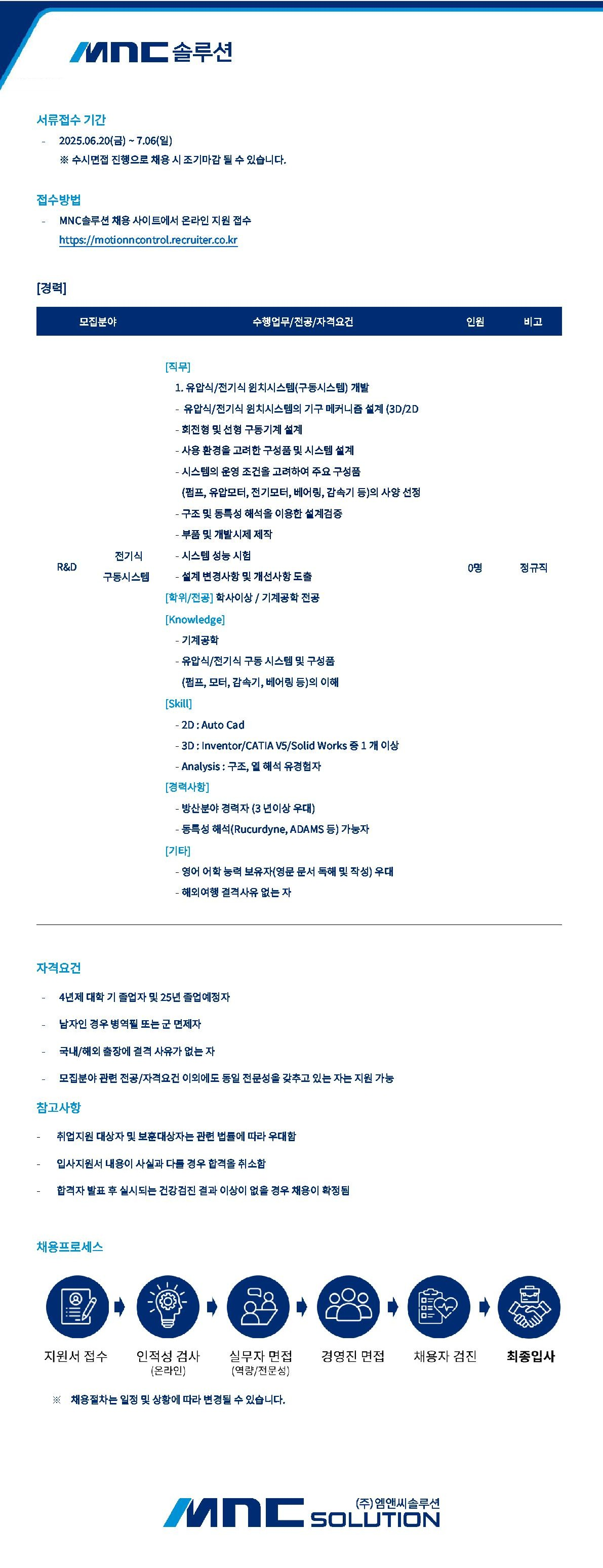 [MNC솔루션] 신입/경력사원 채용 (R&D 전기식 구동시스템)