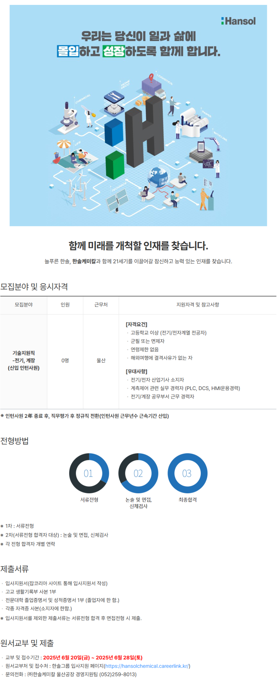[한솔케미칼] 울산공장 기술지원직_전기/계장 인턴사원 채용