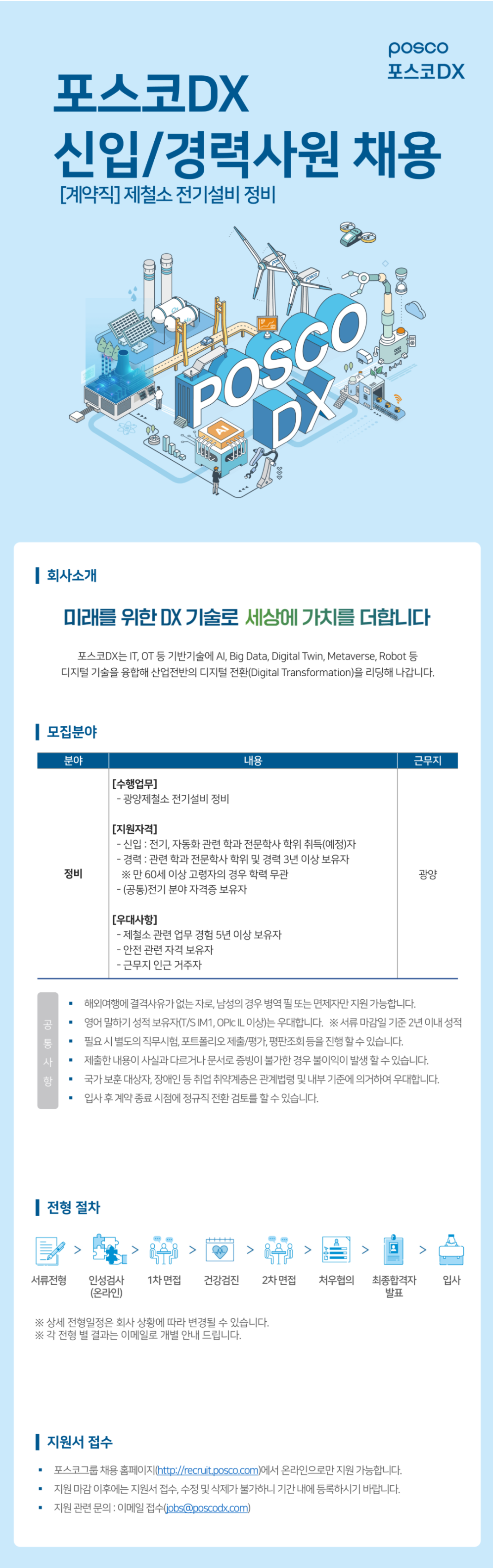 [포스코DX] 제철소 전기설비 정비 계약직 신입/경력 채용 (~07/07)