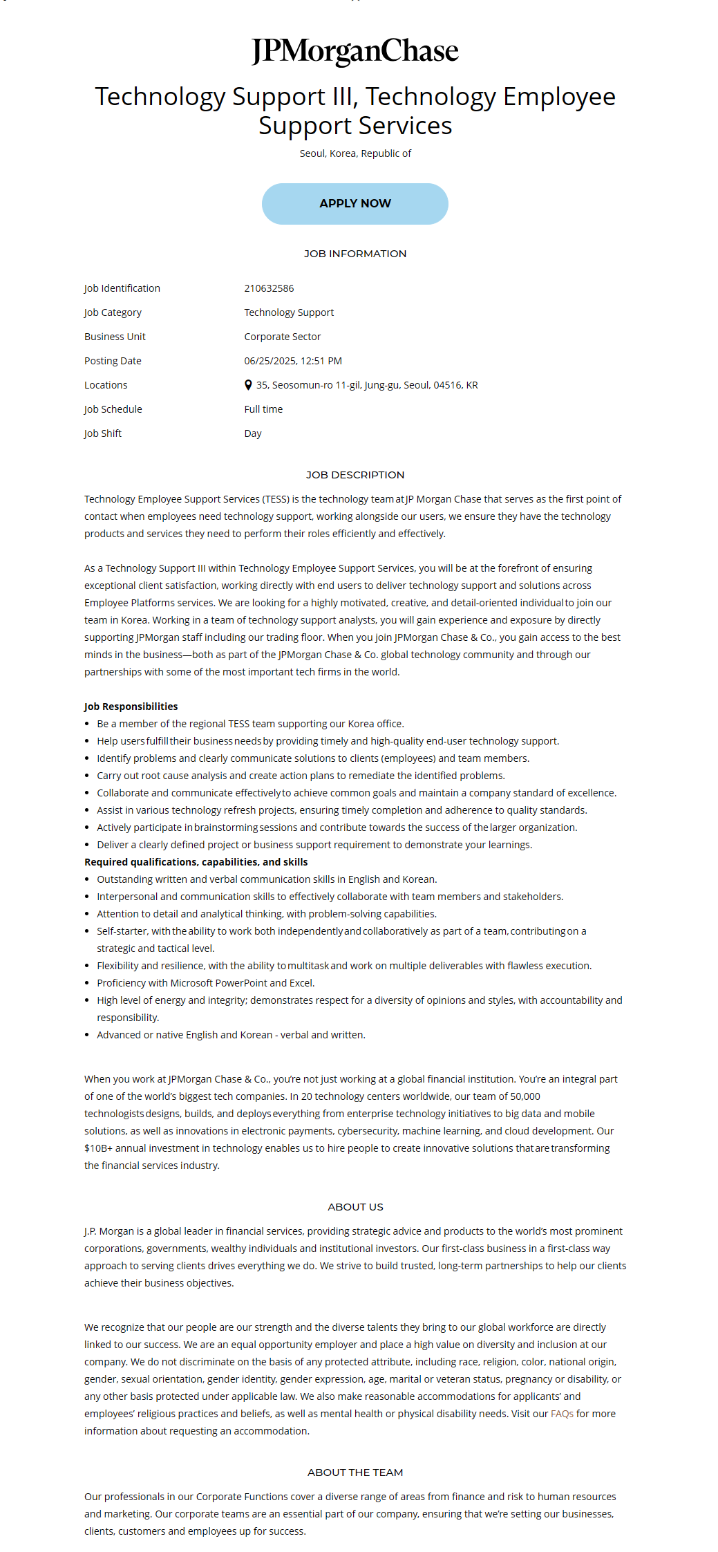 [제이피모간체이스] Technology Support III, Technology Employee Support Services