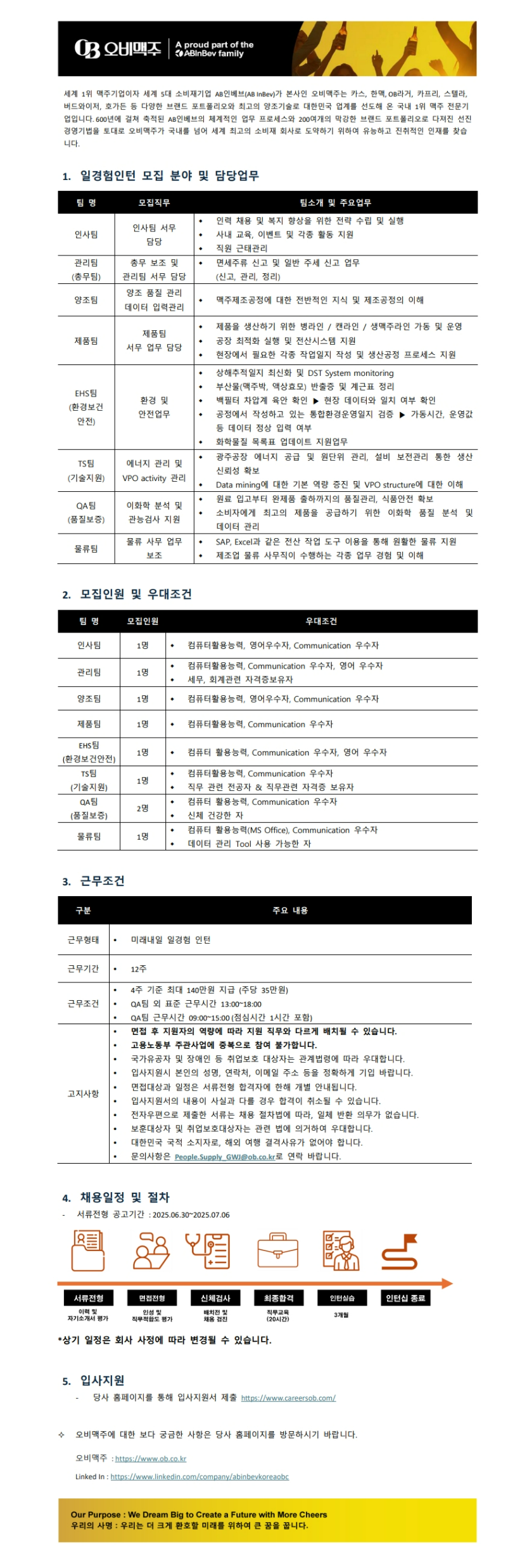 [오비맥주] 광주공장 미래내일 일경험 인턴 모집