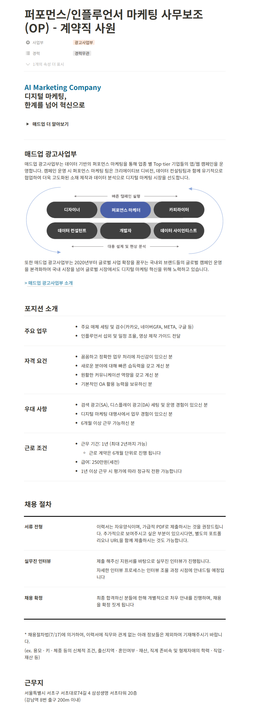 [매드업] 퍼포먼스/인플루언서 마케팅 사무보조(OP) - 계약직 사원