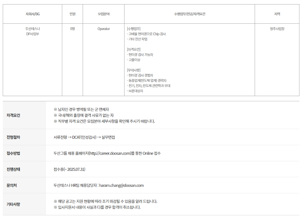 [두산테스나] DP사업부 기술직 Operator (VI) 채용 (~07/31)