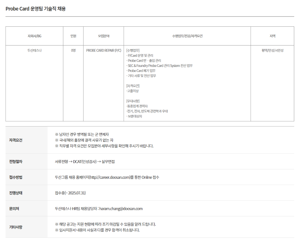 [두산테스나] Probe Card 운영팀 기술직 채용 (~07/31)