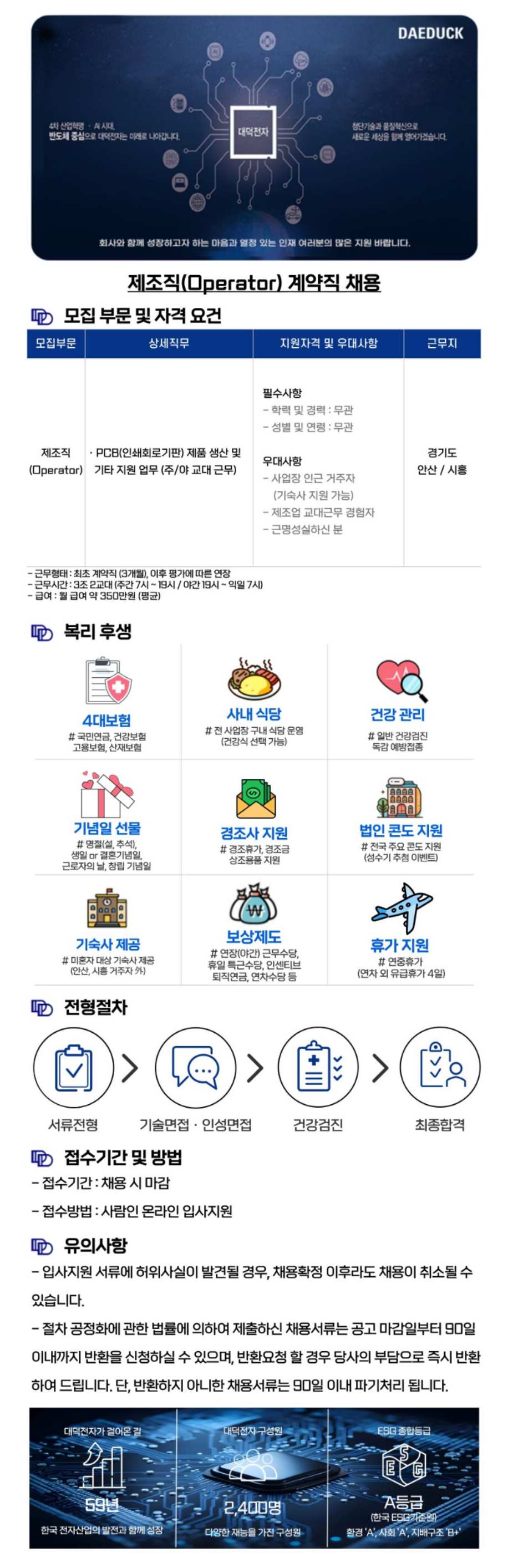 [대덕전자] 제조직 (Operator) 계약직 채용 (~07/15)