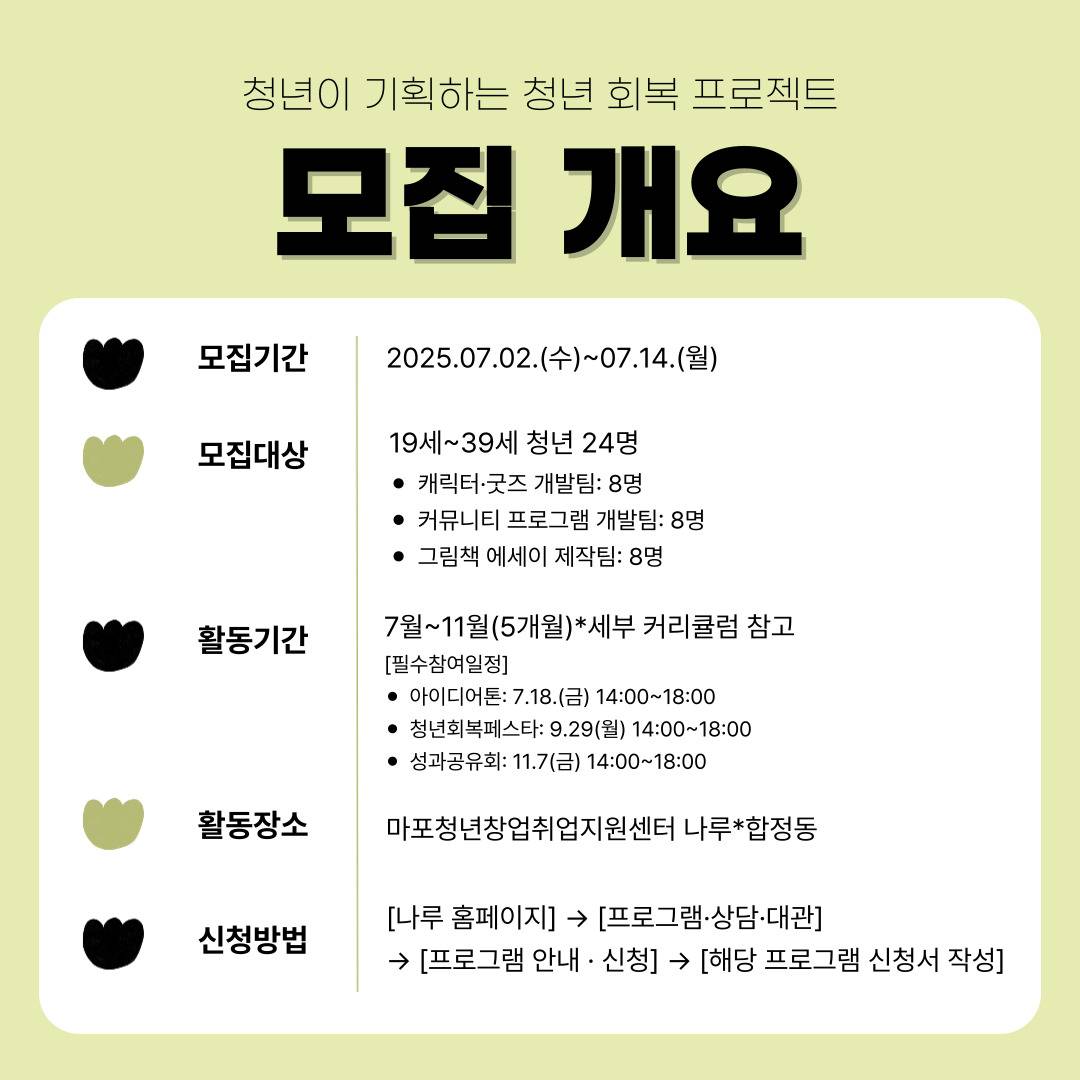 [마포청년창업취업지원센터 나루] 청년 회복 프로젝트 『고립을 넘어 연결로』 청년기획단 모집