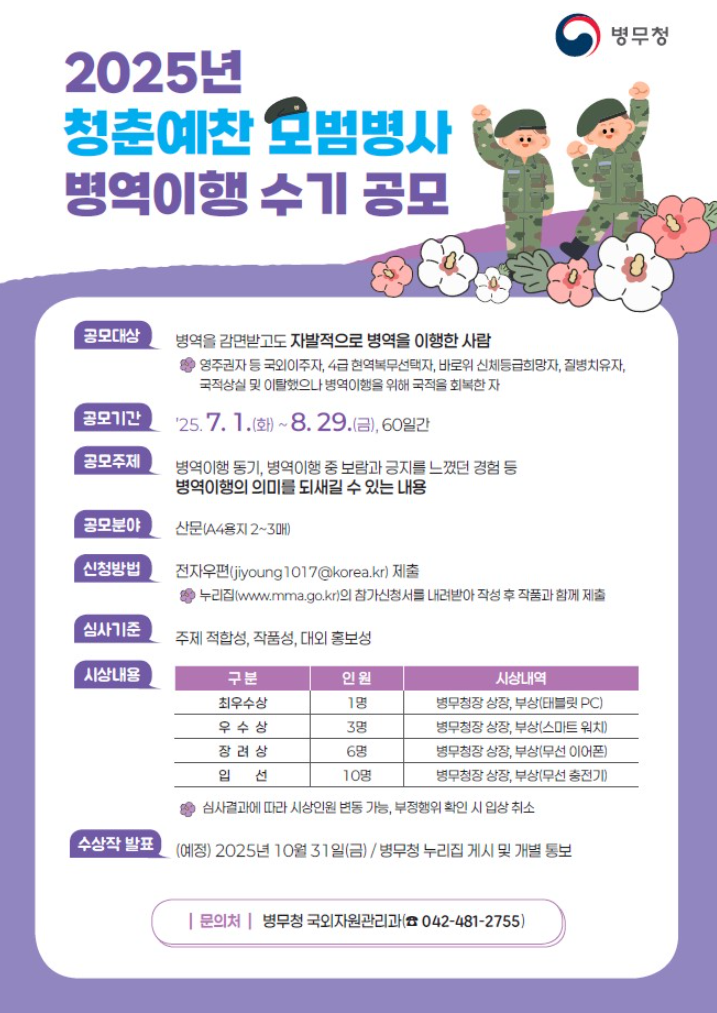 2025년 청춘예찬 모범병사 병역이행 수기 공모전