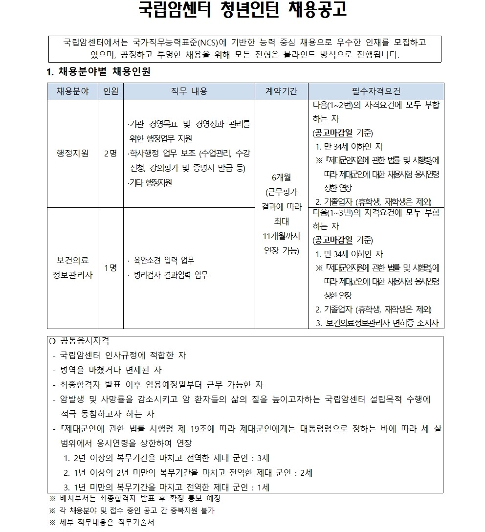 [국립암센터] 청년인턴 채용공고