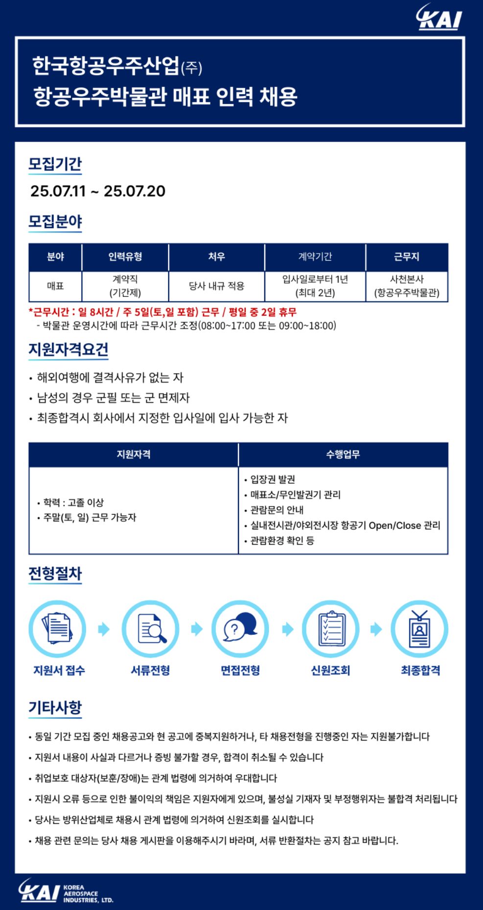 [한국항공우주산업] 항공우주박물관 매표 인력 계약직 채용(~7/20(일))