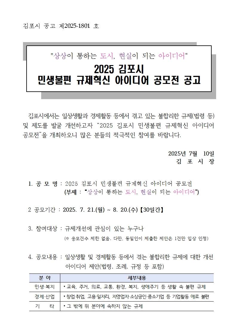 2025년 김포시 민생불편 규제혁신 아이디어 공모전