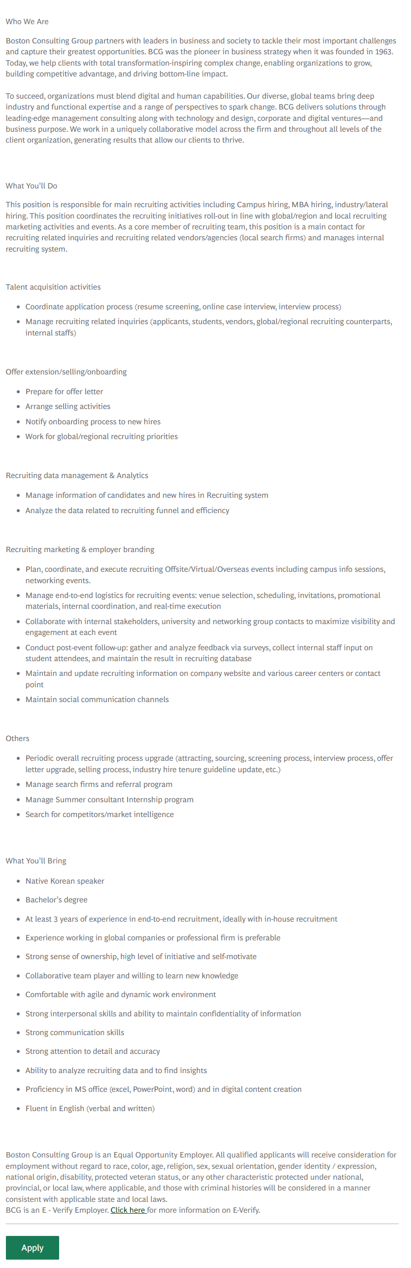 [보스턴컨설팅그룹] Recruiting Specialist (13 Months Contract)
