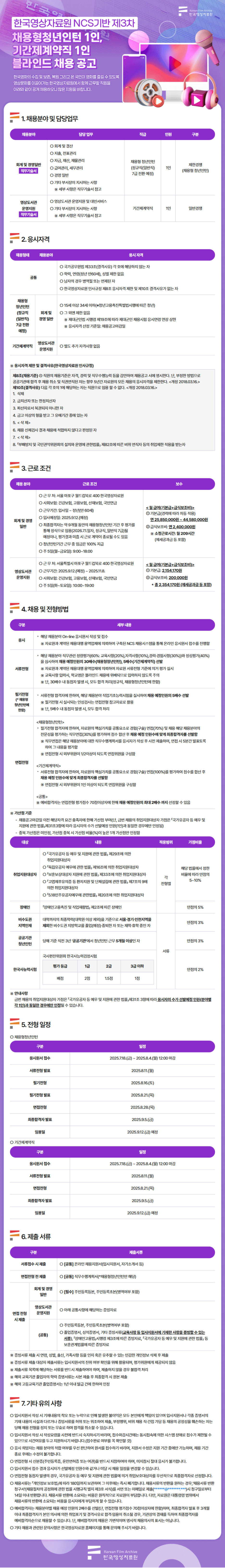 [한국영상자료원] NCS기반 제3차 채용형청년인턴1인, 기간제계약직1인 블라인드 채용 공고