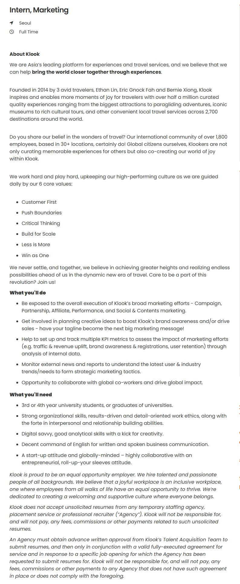 [클룩트래블테크놀러지] Intern, Marketing