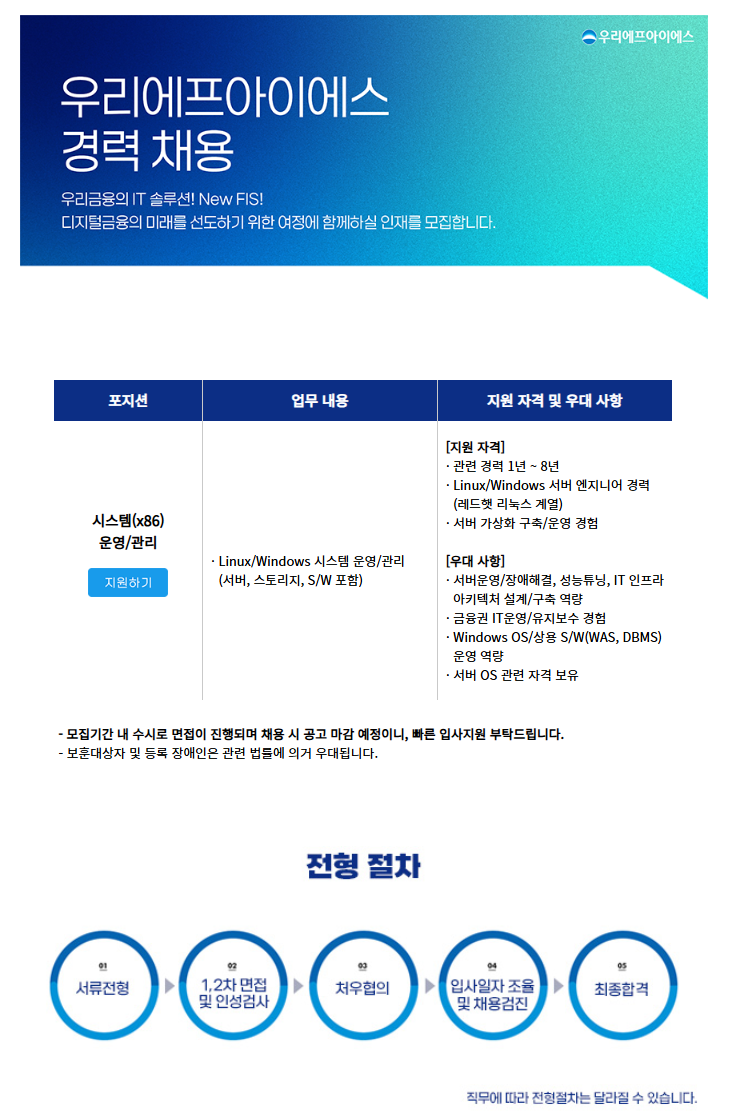 [우리에프아이에스] 시스템(x86) 운영/관리 경력 채용