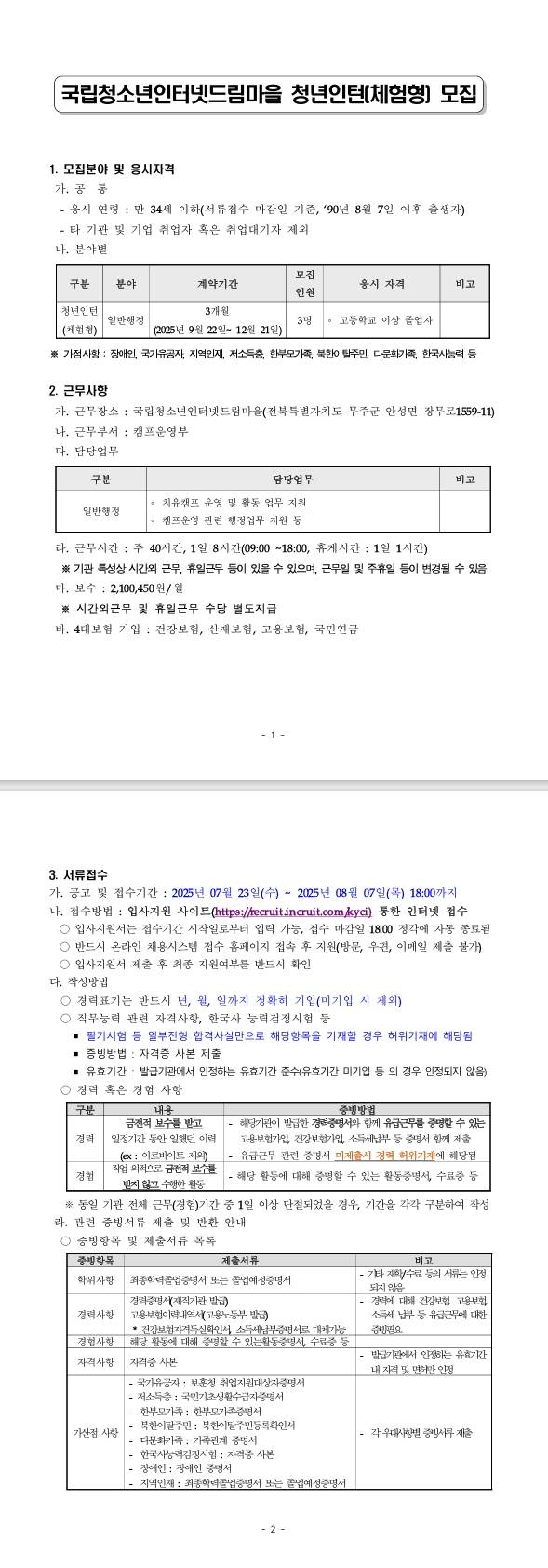 [한국청소년상담복지개발원] 국립청소년인터넷드림마을 청년인턴(체험형) 모집