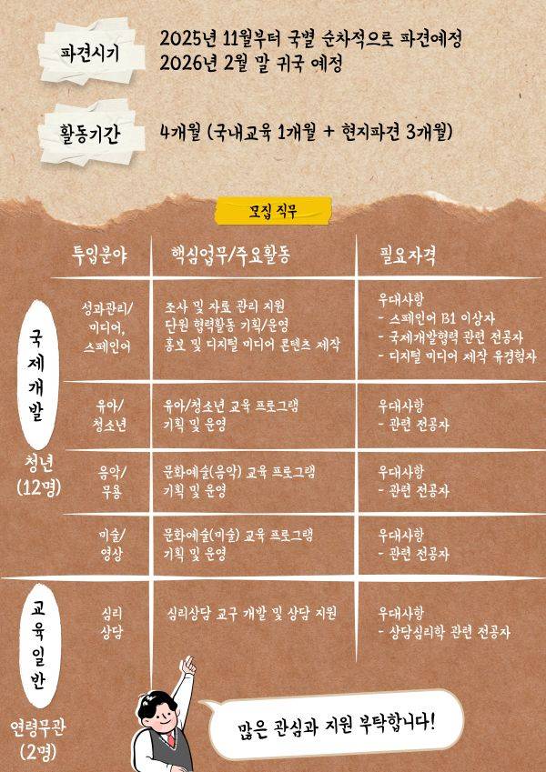 [모집] 2025년 KOICA 도미니카공화국 문화예술 프로젝트 봉사단(4기) 모집(~2025. 8 .5.(화) 16:00까지)