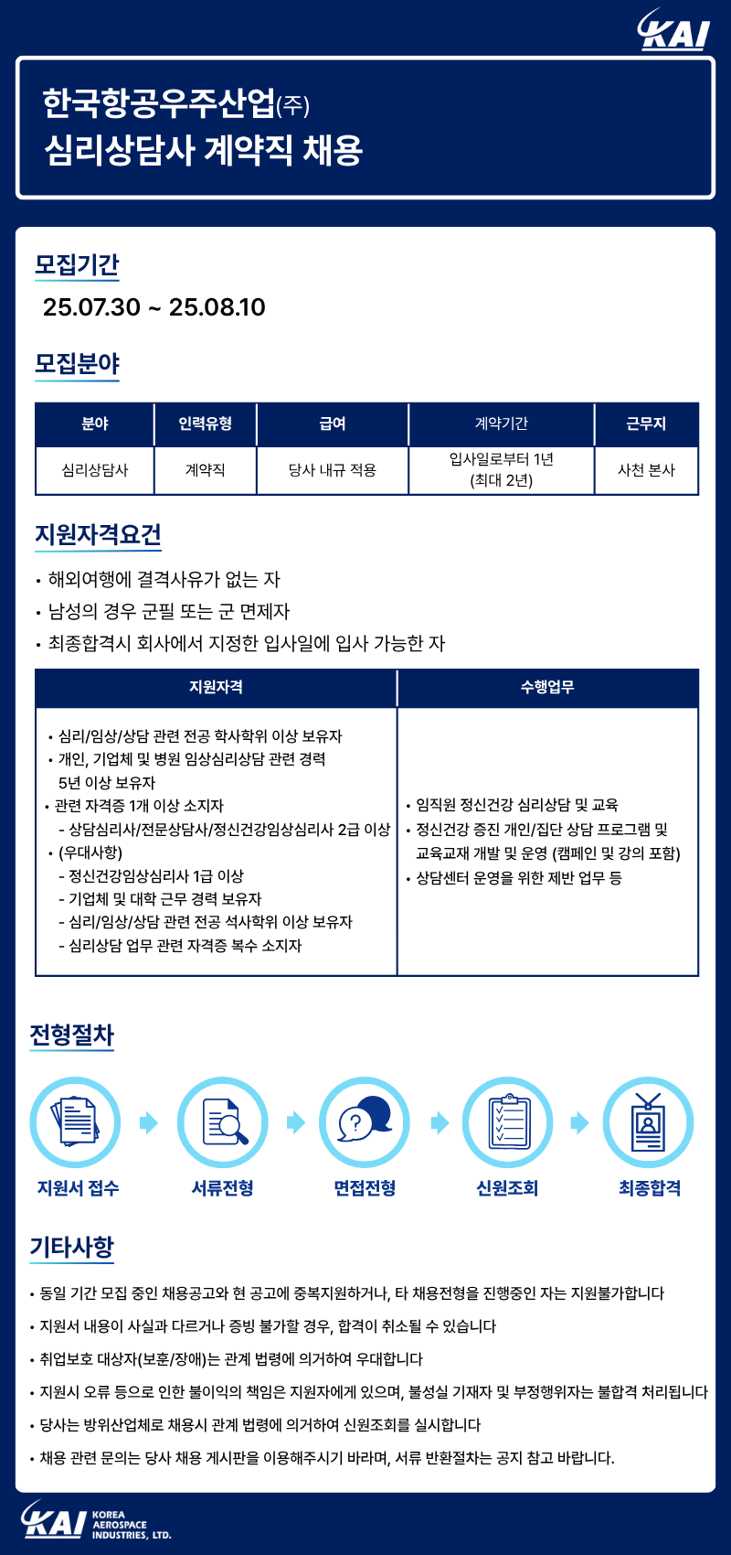[한국항공우주산업] 심리상담사 계약직 채용(~8/10(일))