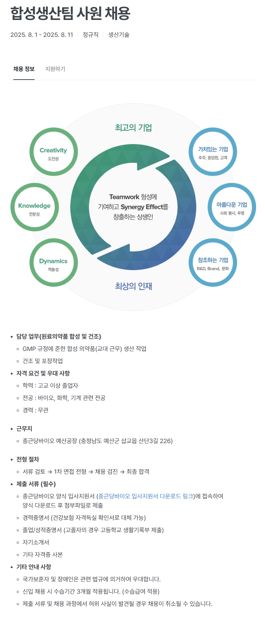 [종근당바이오] 합성생산팀 사원 채용