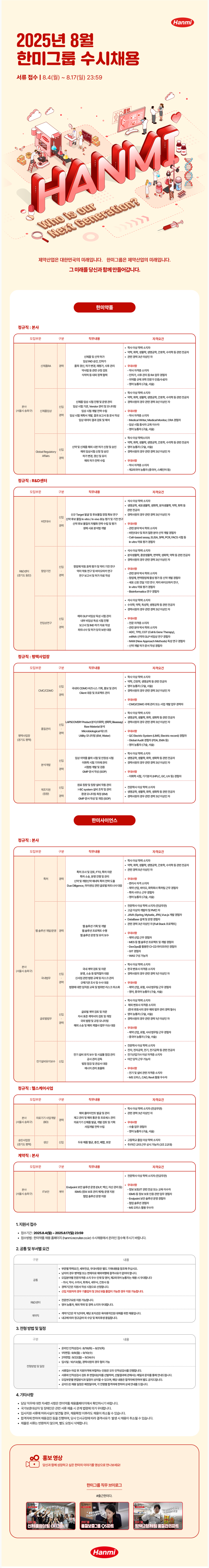 [한미그룹] 2025년 8월 수시채용 [각 부문별]