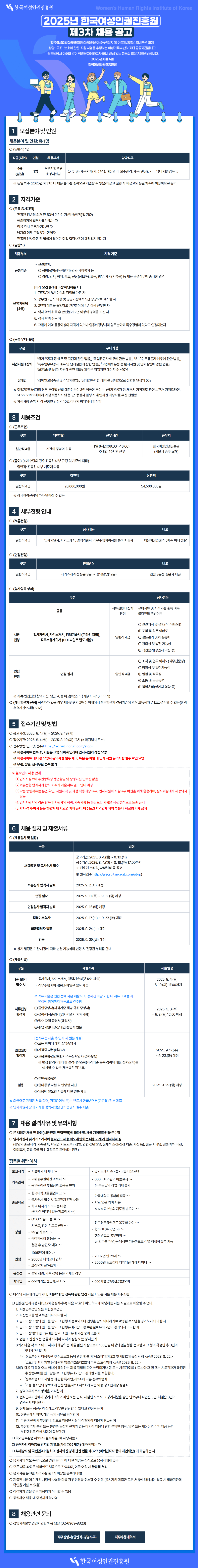 [한국여성인권진흥원] 2025년 제3차 채용 공고 (일반직4급)