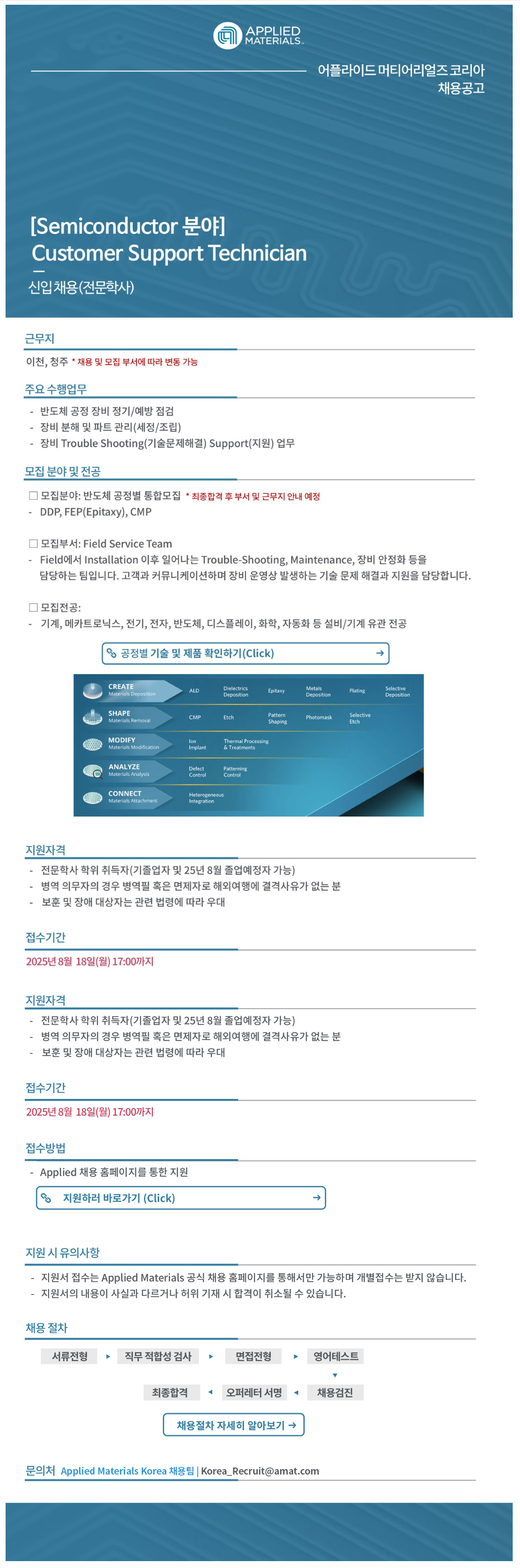 [어플라이드 머티리얼즈 코리아] [신입] Customer Support Technician 전문학사 채용