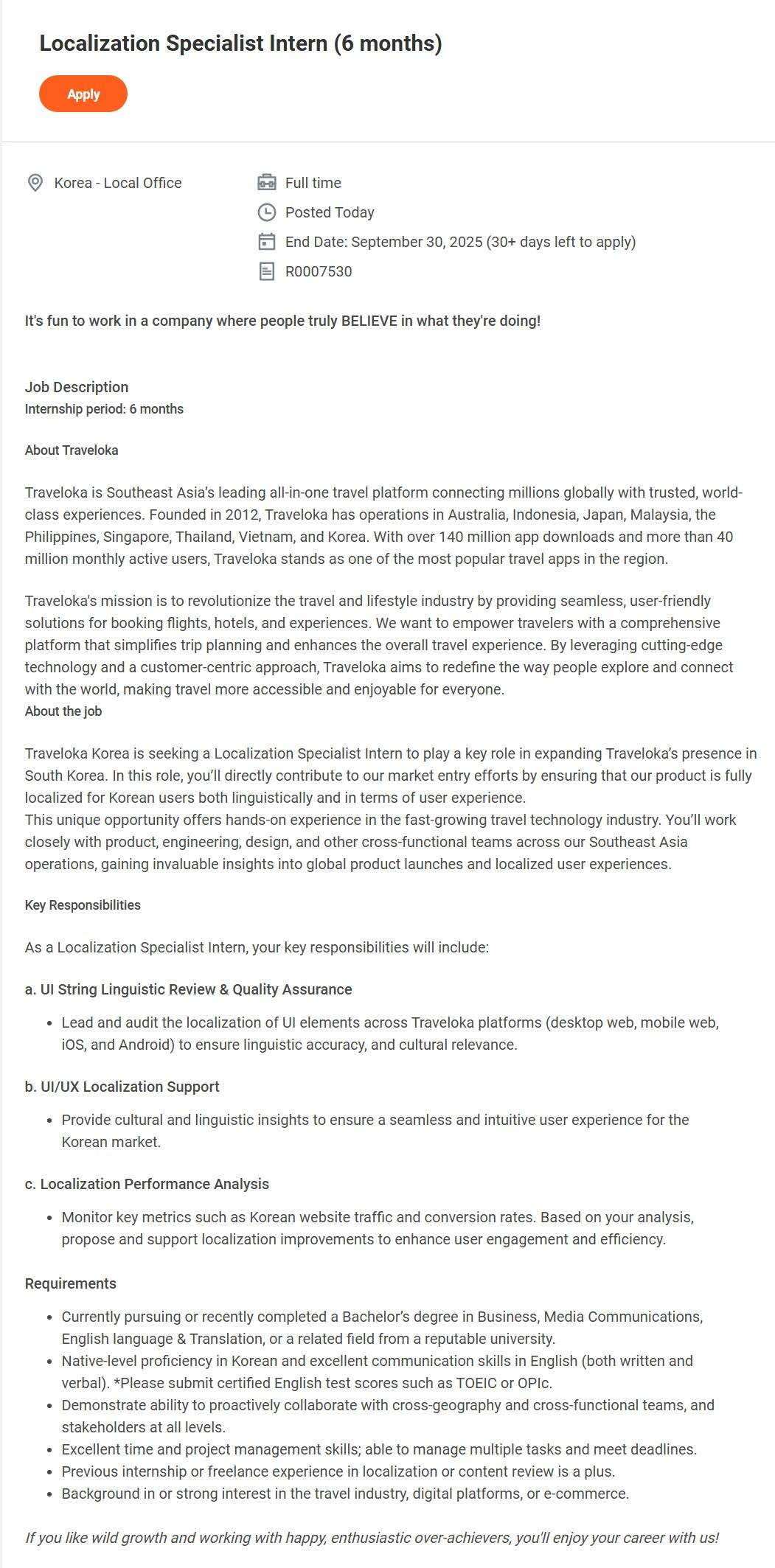 [트래블로카코리아] Localization Specialist Intern (6 months)