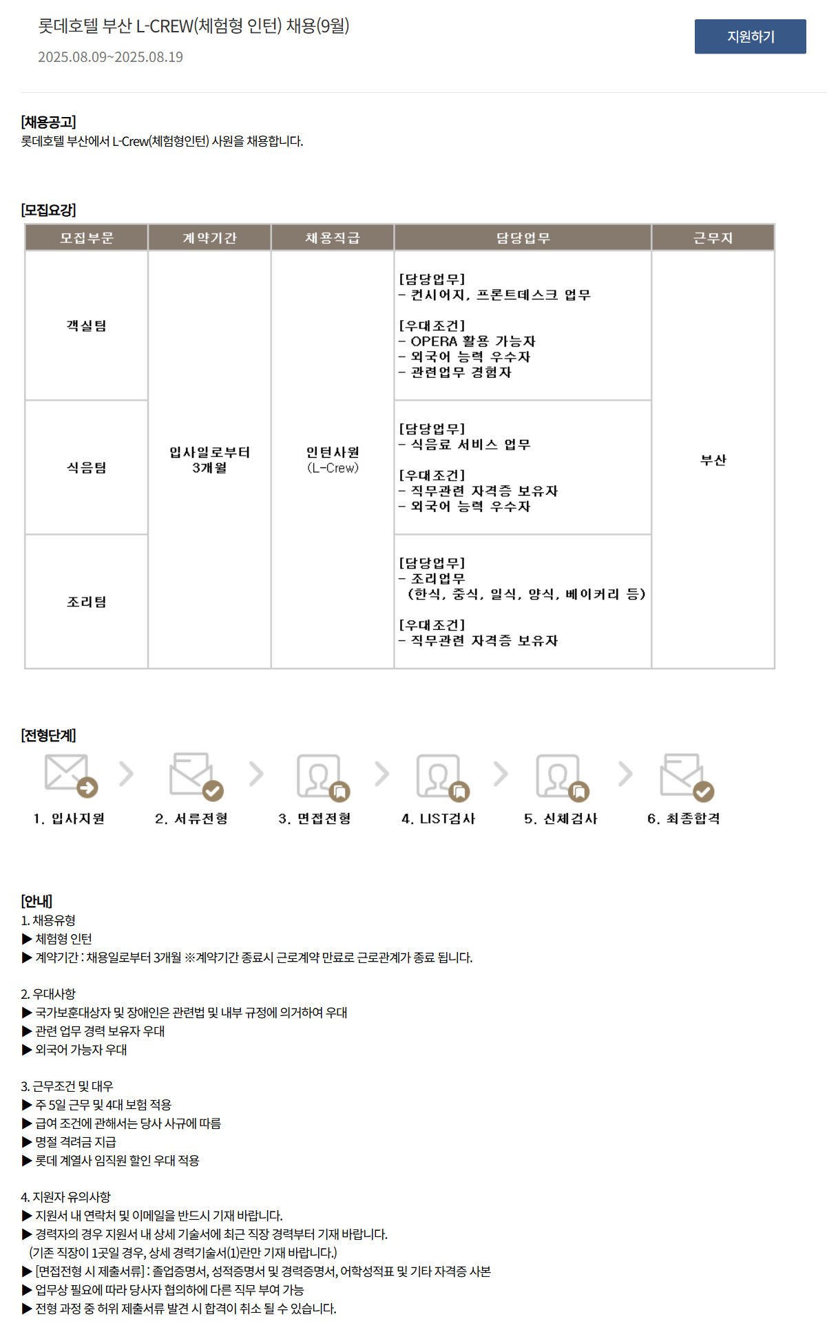 [롯데호텔] 부산 L-CREW(체험형 인턴) 채용(9월)