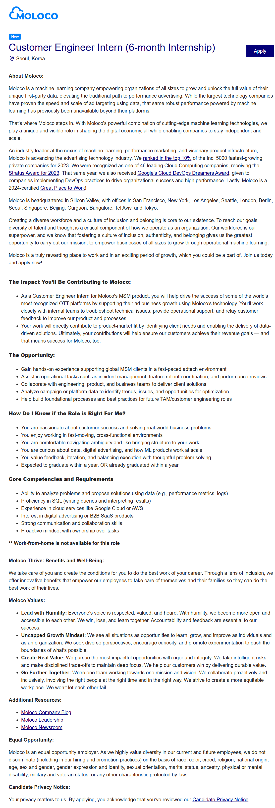 [몰로코] Customer Engineer Intern (6-month Internship)