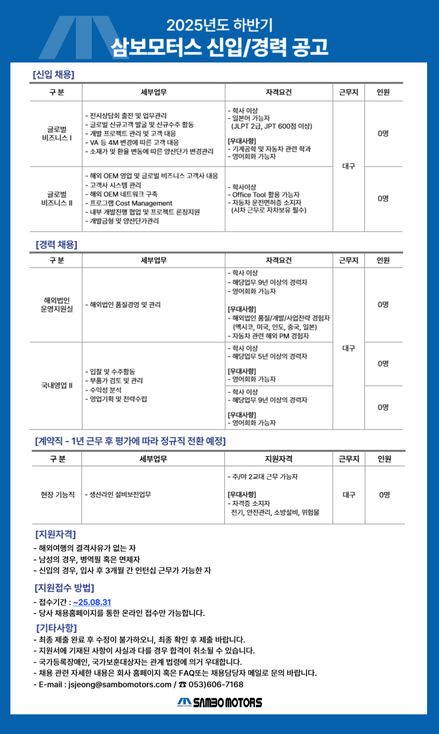 [삼보모터스] 2025년 하반기 신입/경력 채용