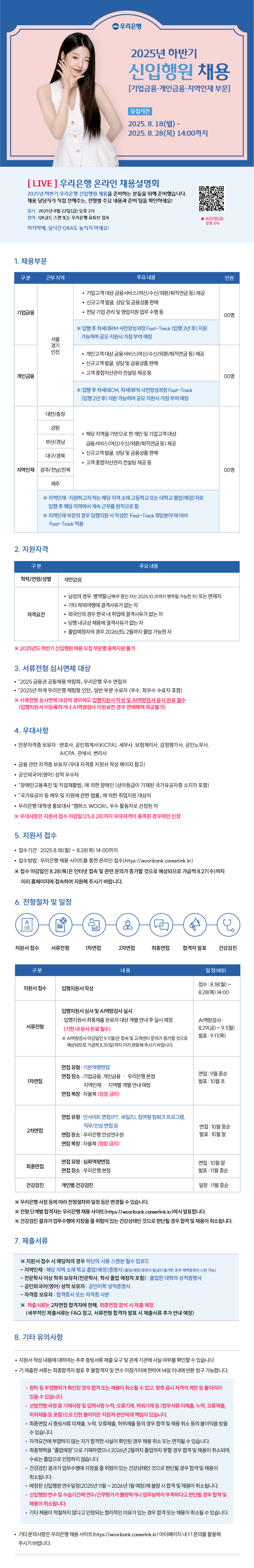 [우리은행] 2025년 하반기 신입행원 채용 (기업금융/개인금융/지역인재 부문)